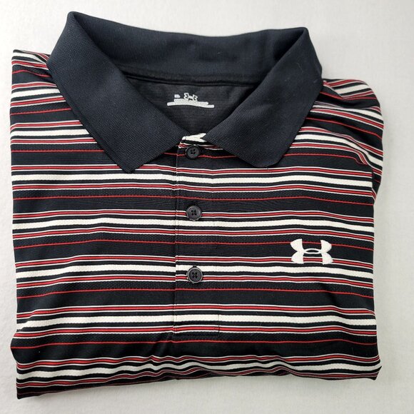 Under Armour Mens XL Striped Polo Shirt Black Red Performance Golf Apparel - Picture 2 of 9